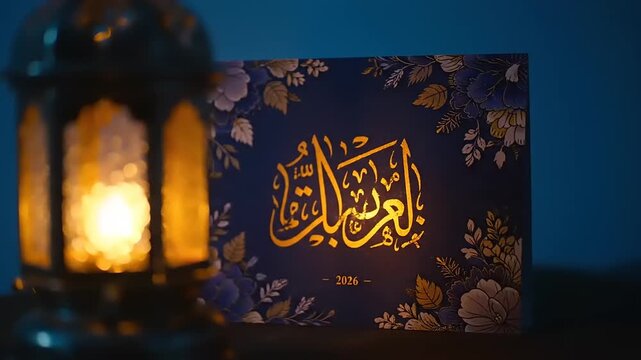 Lantern's glow illuminates Arabic script card in festive celebration, evoking traditional art, cultural heritage, and warm, spiritual atmosphere.