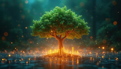 Obraz premium Digital tree grows from glowing data cityscape. Green leaves absorb light, reflecting digital patterns on wet surface. Concept of tech progress and eco sustainability in future.
