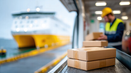 Fototapeta premium Stacked cardboard packages conveyor near deck of ferry with worker safety vest and helmet handling cargo, bright daylight and maritime loading