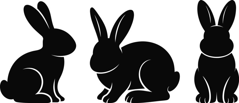Rabbit silhouette set, bunny animal poses collection, cute wildlife mammal vector illustration, black shapes, isolated on white background