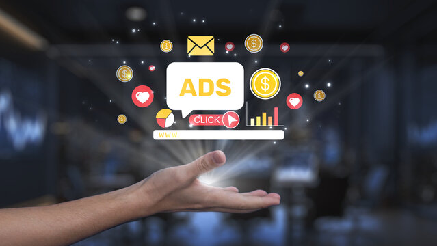 A hand reaches out into the air, surrounded by vibrant icons representing digital advertising elements. The composition symbolizes modern marketing strategies and online engagement. Synapse