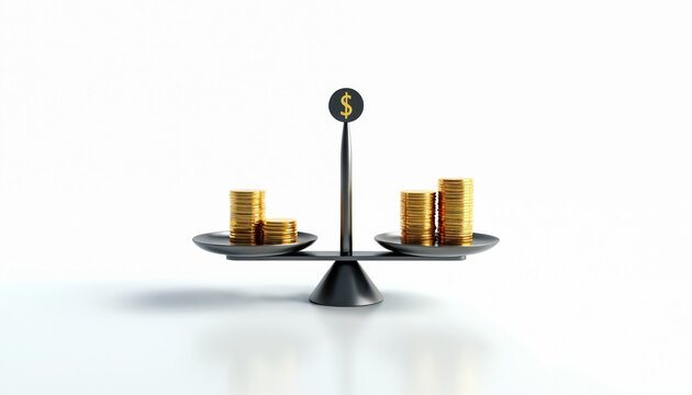 Balance scale with stacks of gold coins. One side has more coins than other. Symbolizes financial disparity or decision making. Represents wealth comparison.