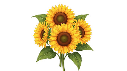 Obraz premium Four vibrant yellow sunflowers with green leaves isolated on a transparent background