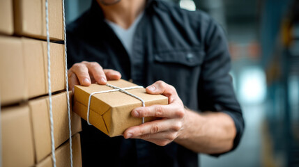 Fototapeta premium Man handing small wrapped parcel in warehouse, delivery worker holding box with twine, logistic center environment, focused hands