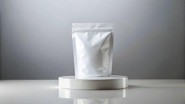 White ziplock pouch mockup with podium, clean backdrop, realistic reflections