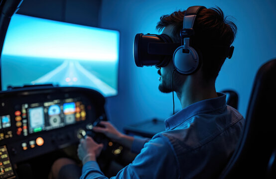 Man uses virtual reality headset and headphones for flight simulation training. He controls aircraft instruments on a dashboard. Immersive learning in aviation school.