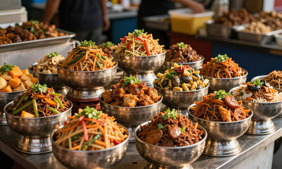 Obraz premium vibrant assortment asian cuisine arranged artfully ornate metal bowls backdrop bustling market stalls warm golden
