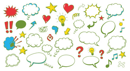 Collection of colorful speech bubbles and thought clouds with various symbols.