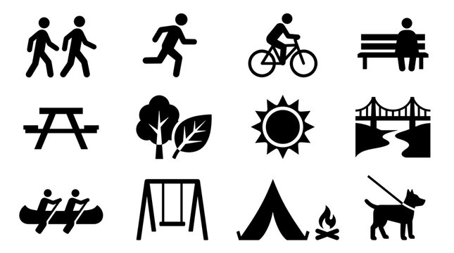 A comprehensive collection of black silhouette icons representing various park activities including hiking biking picnicking camping canoeing and leisure time in a public outdoor space