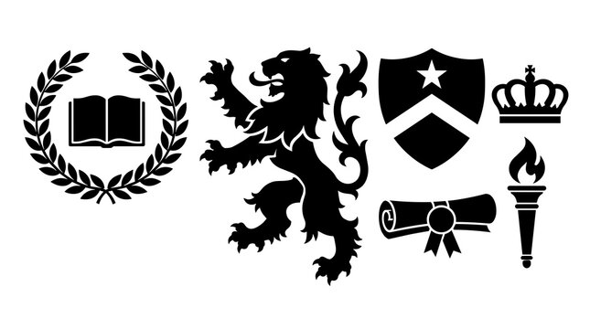 Collection of black silhouette icons representing education and heritage featuring a heraldic lion rampant laurel wreath with book shield crown diploma scroll and flaming torch