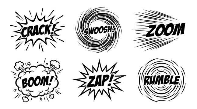 A collection of black and white comic book sound effect bubbles including crack swoosh zoom boom zap and rumble for graphic design and pop art projects
