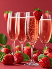 Champagne flutes filled with sparkling wine sit on a red surface with fresh strawberries nearby