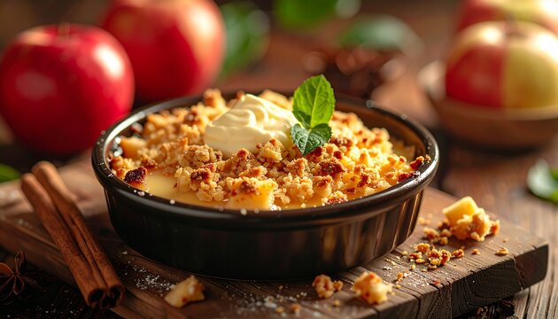 Apple Crumble with Custard Close Up. Traditional British Food