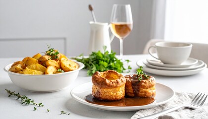 Classic Sunday Roast with Yorkshire Pudding. Traditional British Food