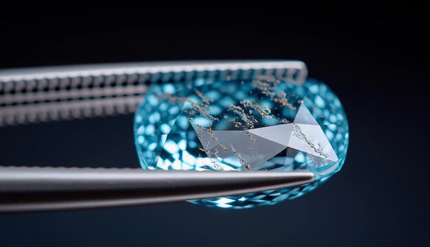 faceted aquamarine gemstone held by precision tweezers, light blue transparent crystal with natural inclusions visible inside, cushion cut or oval shape, dark black background