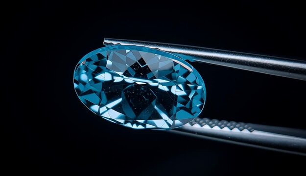 faceted aquamarine gemstone held by precision tweezers, light blue transparent crystal with natural inclusions visible inside, cushion cut or oval shape, dark black background