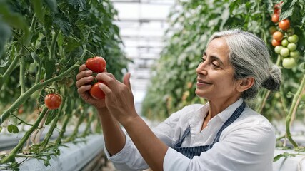 Senior woman inspecting tomatoes. Experienced farmer checks ripe produce. Greenhouse cultivation, sustainable agriculture. Healthy food harvest, skillful hands.