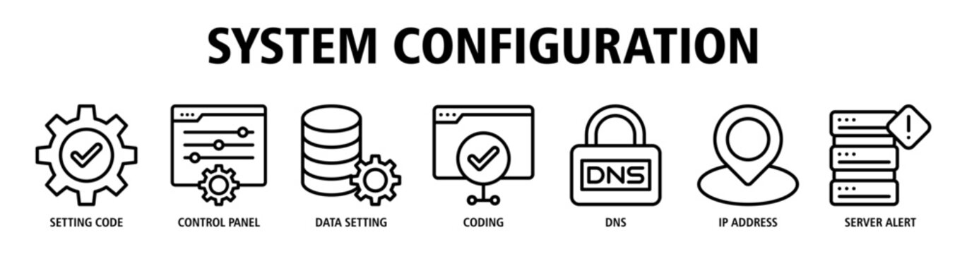 System Configuration web banner icon vector illustration concept with icons of setting code, control panel, data setting, coding process, DNS management, IP address, and server alert monitoring.
