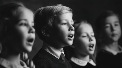 Obraz premium Children singing choir monochrome harmony performance.