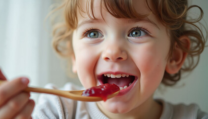 Happy young child enjoying jam with a wooden spoon indoors 