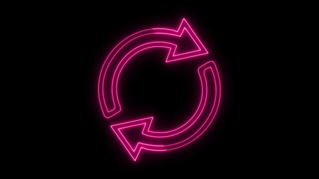 Glowing neon bright pink neon refresh or recycle arrow icon with two circular arrows depicting a reload or update action on a solid black background 