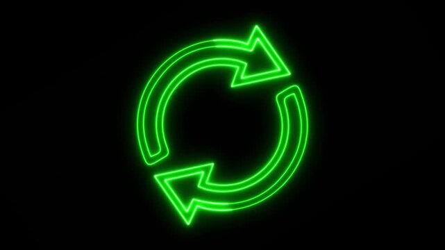 Glowing neon bright pink neon refresh or recycle arrow icon with two circular arrows depicting a reload or update action on a solid black background 