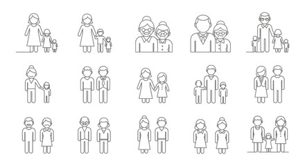 Fototapeta premium diverse family structures icon set illustrating relationships and people groups for inclusive social demographic studies and ui ux design concepts.