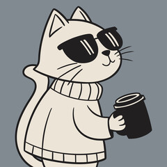 Cool Cute Cat Holding Coffee Cup Cartoon Illustration