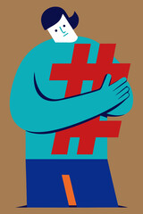 Man Hugging Giant Hashtag Symbol Cartoon Illustration Art