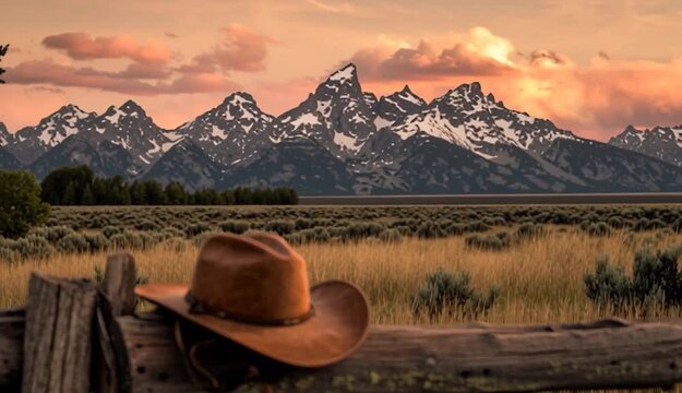 brown leather cowboy hat resting on western saddle on wooden fence rail, majestic snow-capped mountain range in background, dramatic sunset sky with orange and golden clouds