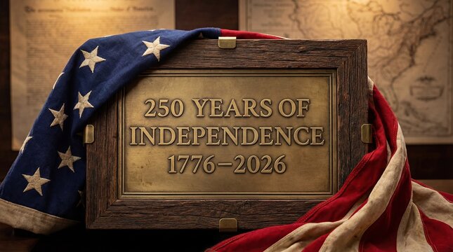 Vintage brass plaque commemorating Semiquincentennial of American Independence (1776&ndash;2026) draped with weathered United States flag on historical background