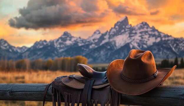 brown leather cowboy hat resting on western saddle on wooden fence rail, majestic snow-capped mountain range in background, dramatic sunset sky with orange and golden clouds