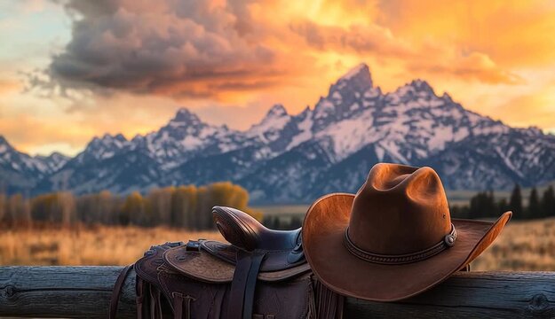 brown leather cowboy hat resting on western saddle on wooden fence rail, majestic snow-capped mountain range in background, dramatic sunset sky with orange and golden clouds