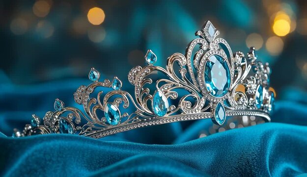 ornate silver tiara crown with large turquoise blue gemstones, intricate scrollwork filigree design, center oval aquamarine stone, side teardrop blue crystals, marquise-cut clear diamonds
