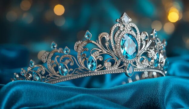 ornate silver tiara crown with large turquoise blue gemstones, intricate scrollwork filigree design, center oval aquamarine stone, side teardrop blue crystals, marquise-cut clear diamonds