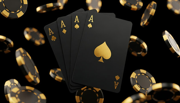 four aces poker chips falling on a sleek black background symbolizing luxury success and high stakes casino gambling entertainment.