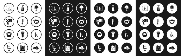 Set Hand mirror, Hairbrush, dryer, Barbershop with razor, Mustache beard, Cream lotion cosmetic tube, Straight and icon. Vector