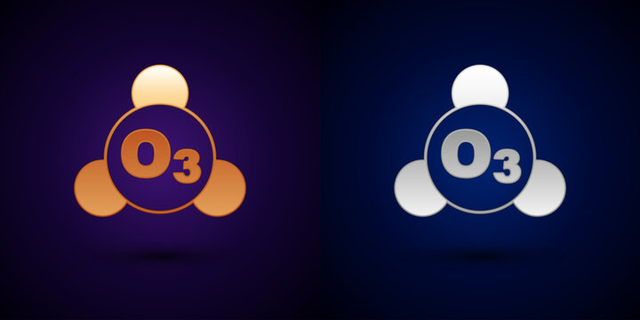 Gold and silver Ozone molecule icon isolated on black background. Ozone, O3, trioxygen, inorganic molecule. Structural chemical formula and molecule model. Vector