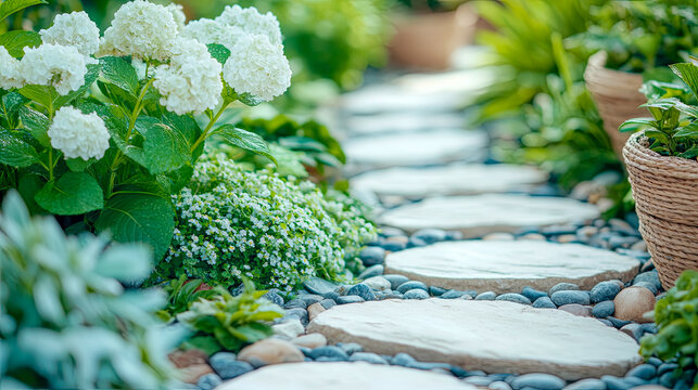 Tranquil garden path featuring large, flat stepping stones winding through lush greenery, white hydrangeas, and delicate white flowers, surrounded by smooth river stones and potted plants creating ser