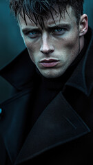 Man with piercing blue eyes in a structured black trench coat, exuding power and mystery
