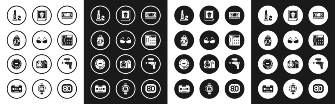 Set VHS video cassette tape, Glasses, Soda can with straw, Lipstick, Telephone handset, Photo, Ray gun and Music CD player icon. Vector