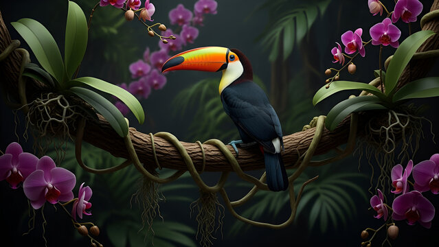 Exotic toucan with a colorful beak, perched on a jungle vine with vibrant orchids, captured in hyperrealistic detail with dramatic lighting. Ideal for nature documentaries, eco-tourism promotions,