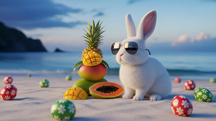 Hyperrealistic rabbit in aviators on a serene blue hour beach with tropical fruits and Easter eggs, perfect for Easter, spring campaigns, travel blogs, or quirky holiday promotions.