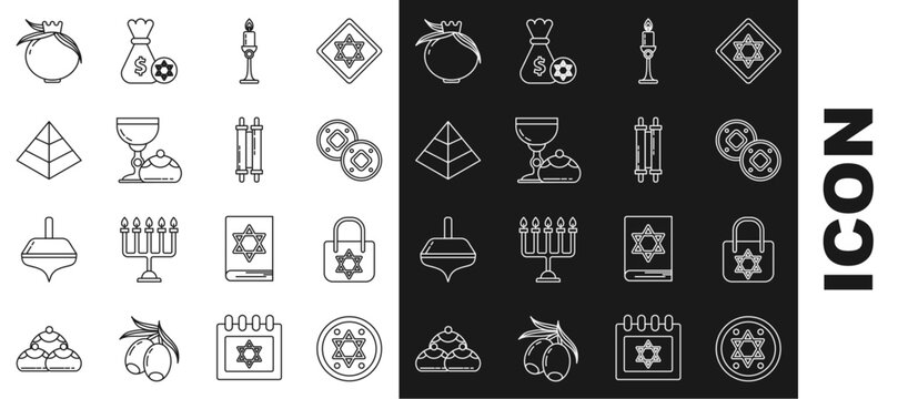 Set line Jewish coin, Shopping bag with star of david, Burning candle candlestick, goblet hanukkah sufganiyot, Egypt pyramids, Pomegranate and Torah scroll icon. Vector