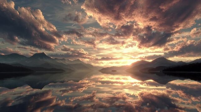 Stock image of sunset over a serene lake with mountains and clouds reflected on the water's surface, concept of wonderful nature