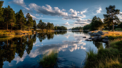Obraz premium Serene lake landscape with trees and cloudy sky reflected in calm water, peaceful natural scenery in forest during daytime with sunny weather
