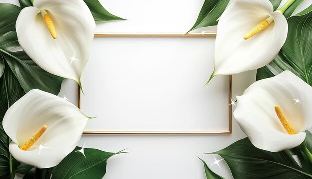 elegant floral frame border with white calla lilies and green tropical leaves arranged in corners, thin double gold rectangular frame in center