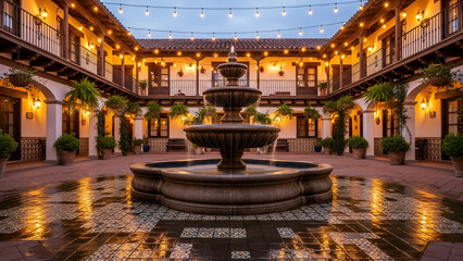 Serene Spanish courtyard with multi-tiered stone fountain, colorful tiles, and glowing string lights at dusk. Ideal for travel, hospitality, architecture, home decor, or romantic event promotions.