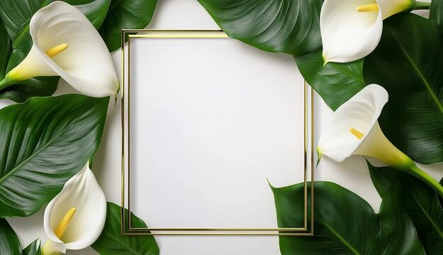 elegant floral frame border with white calla lilies and green tropical leaves arranged in corners, thin double gold rectangular frame in center