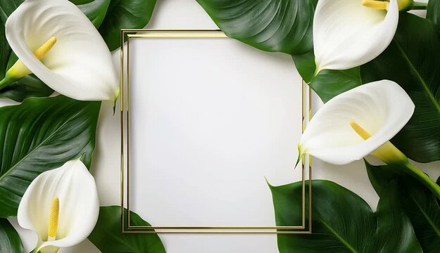 elegant floral frame border with white calla lilies and green tropical leaves arranged in corners, thin double gold rectangular frame in center